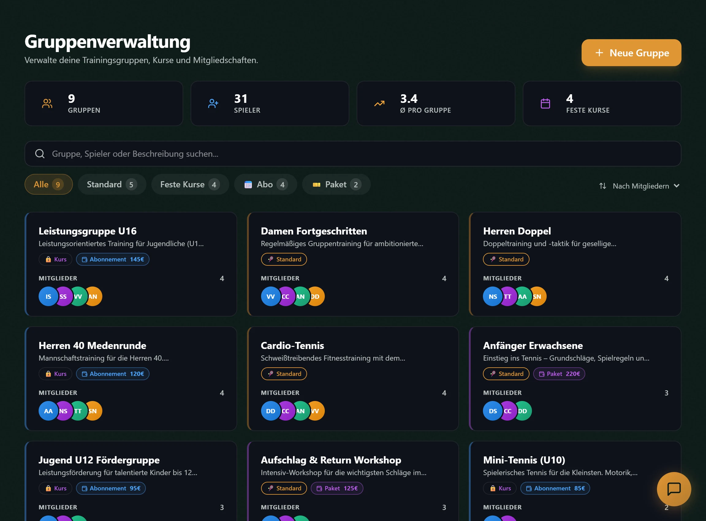 Trainer-Ansicht: Gruppen und Kurse mit Mitgliedern — Tagesplan am Handy, direkt auf dem Platz